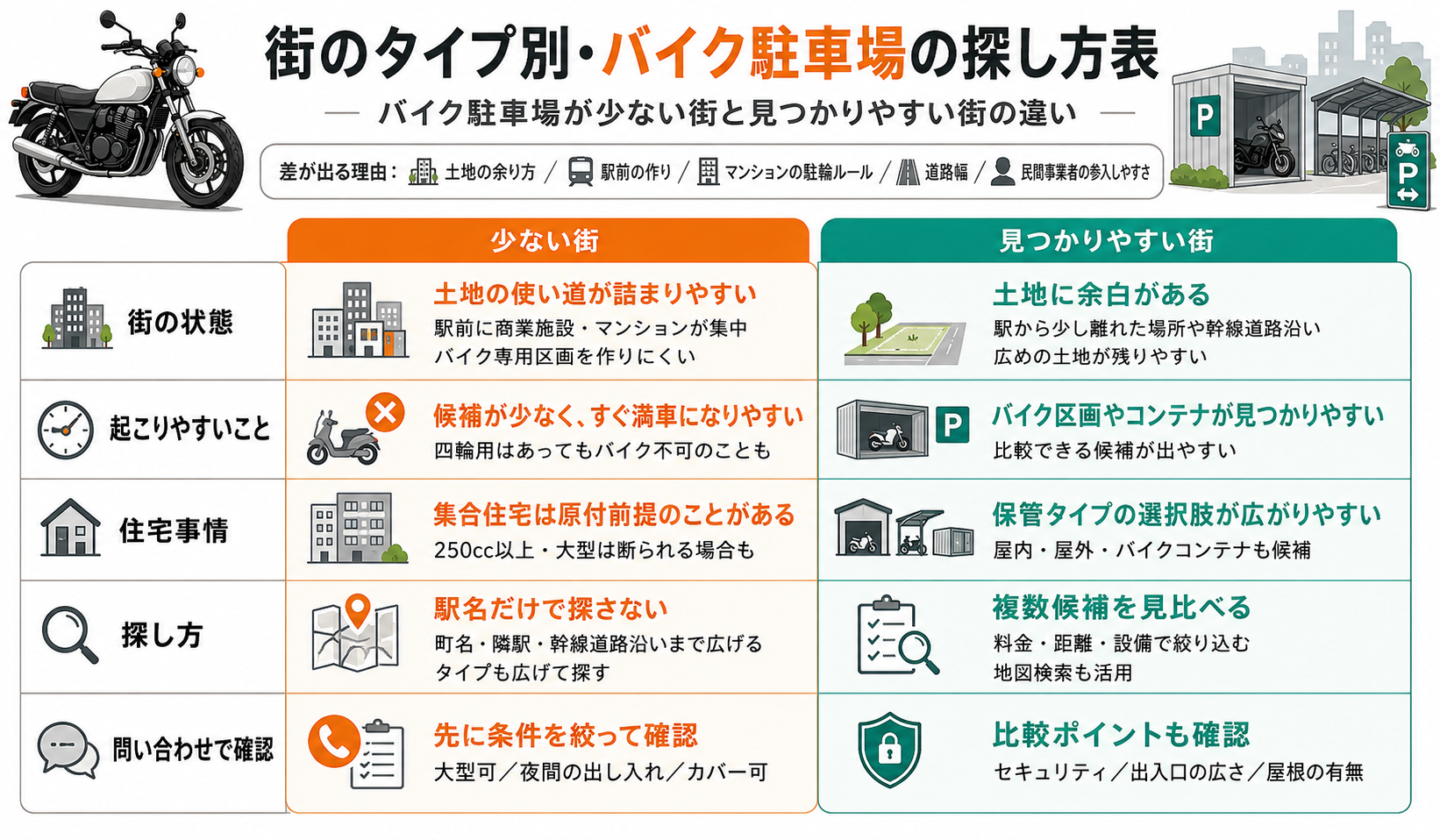 バイク駐車場が少ない街と多い街の違い